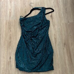 Elegant Teal sequins One-Shoulder Dress